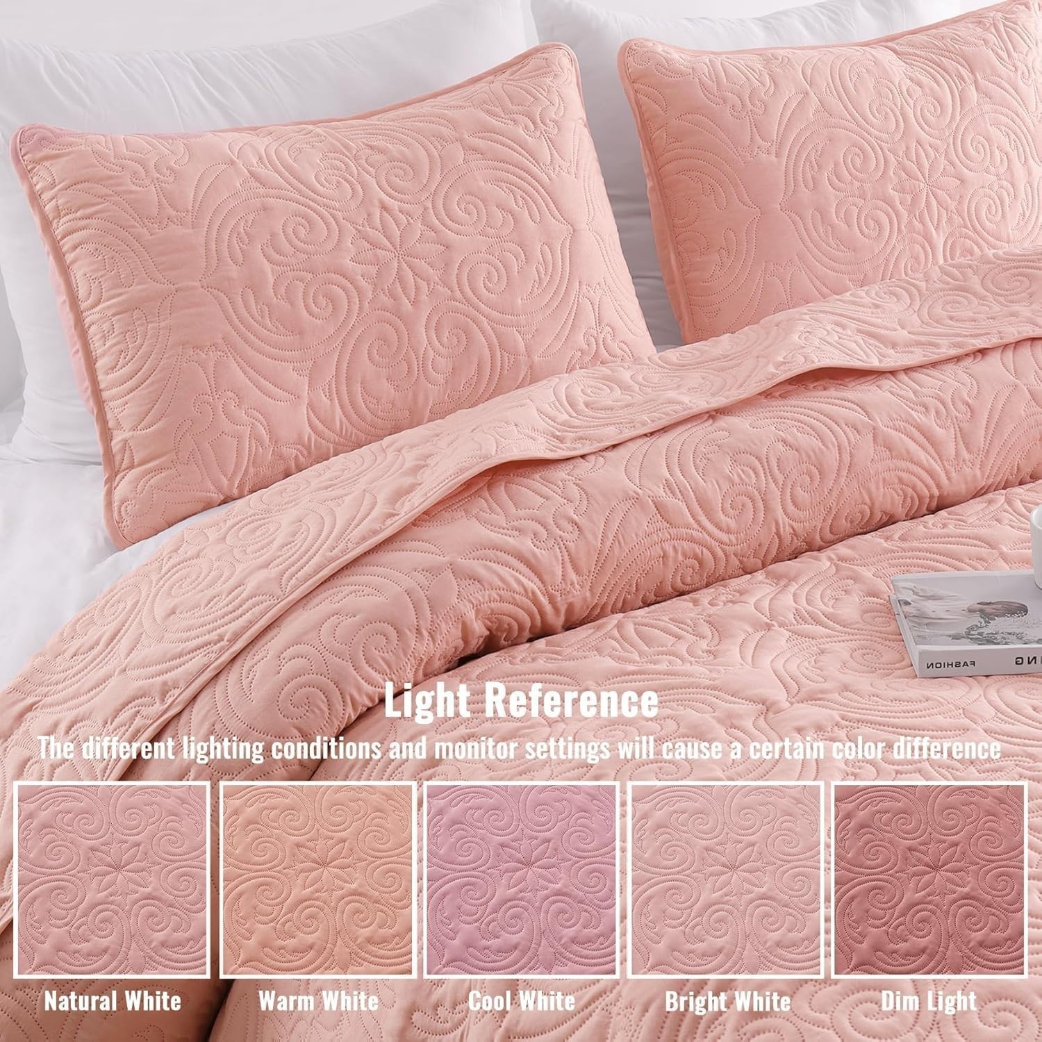 Quilts Queen Size Bedding Set with 2 Pillow Shams, Lightweight Blush Pink Ful...