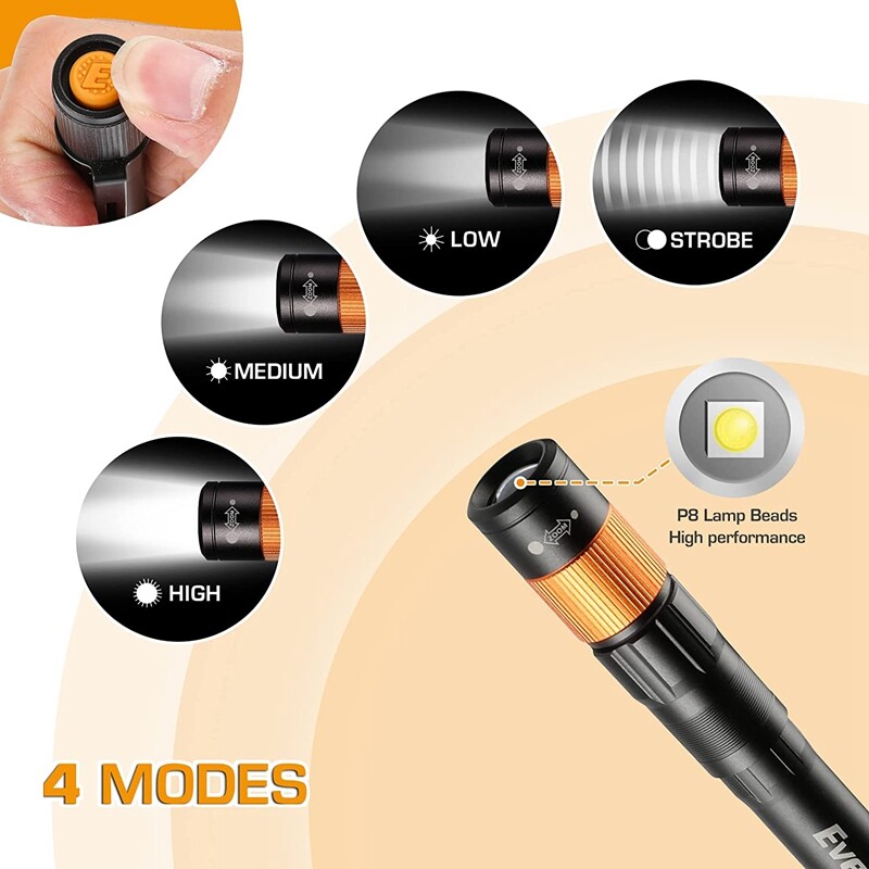 EverBrite Rechargeable Pen Light Zoomable Handheld Flashlight 4 Lighting Modes