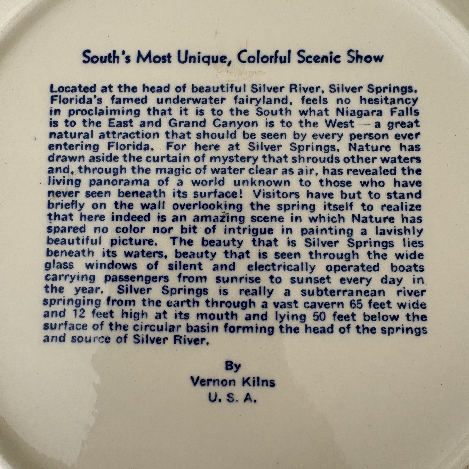 Silver Springs, Florida Rare Vintage Souvenir Plate By Vernon Kilns Exc. Cond.