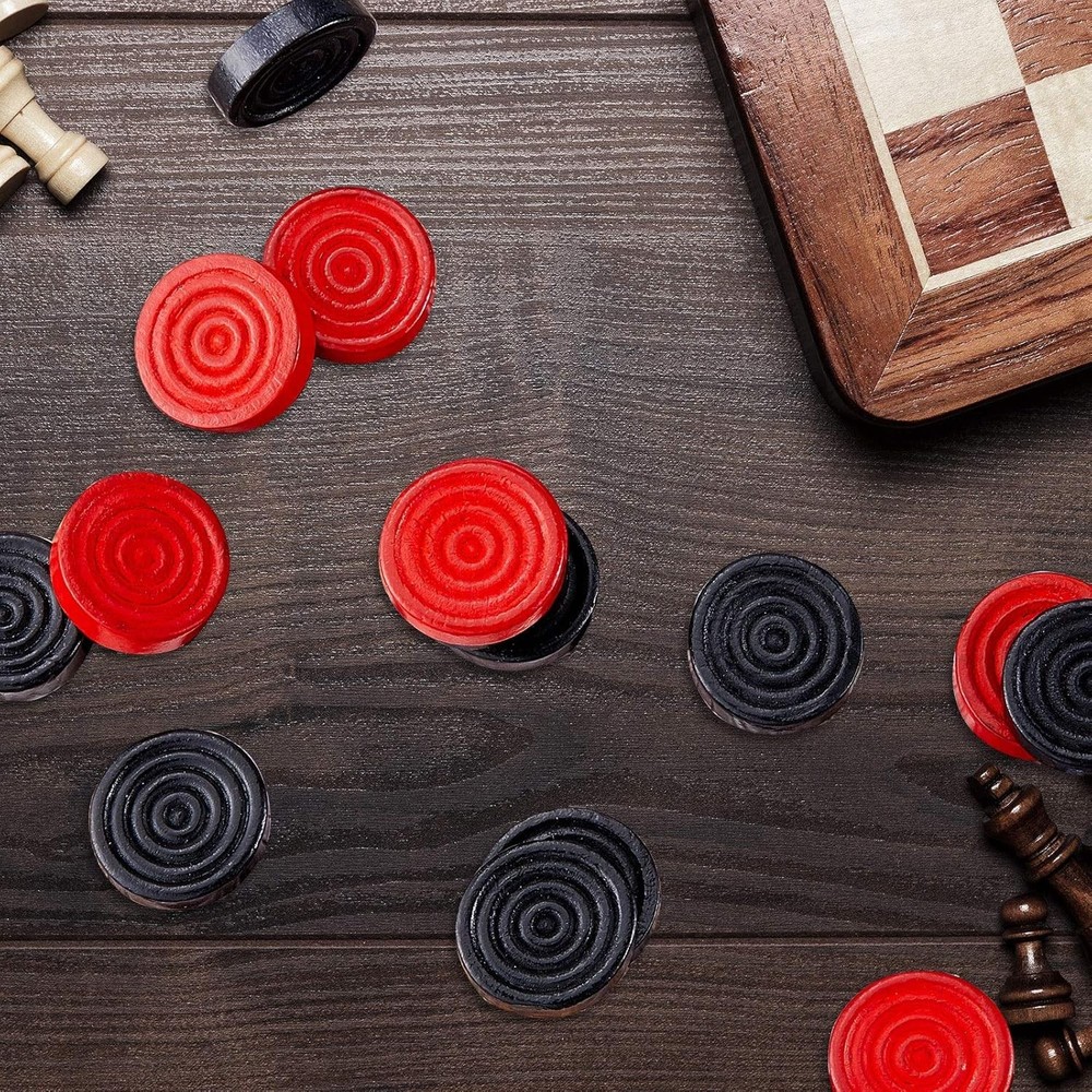 24 Pcs Wooden Checkers Pieces with Stackable Ridge in Drawstring Storage Pouch