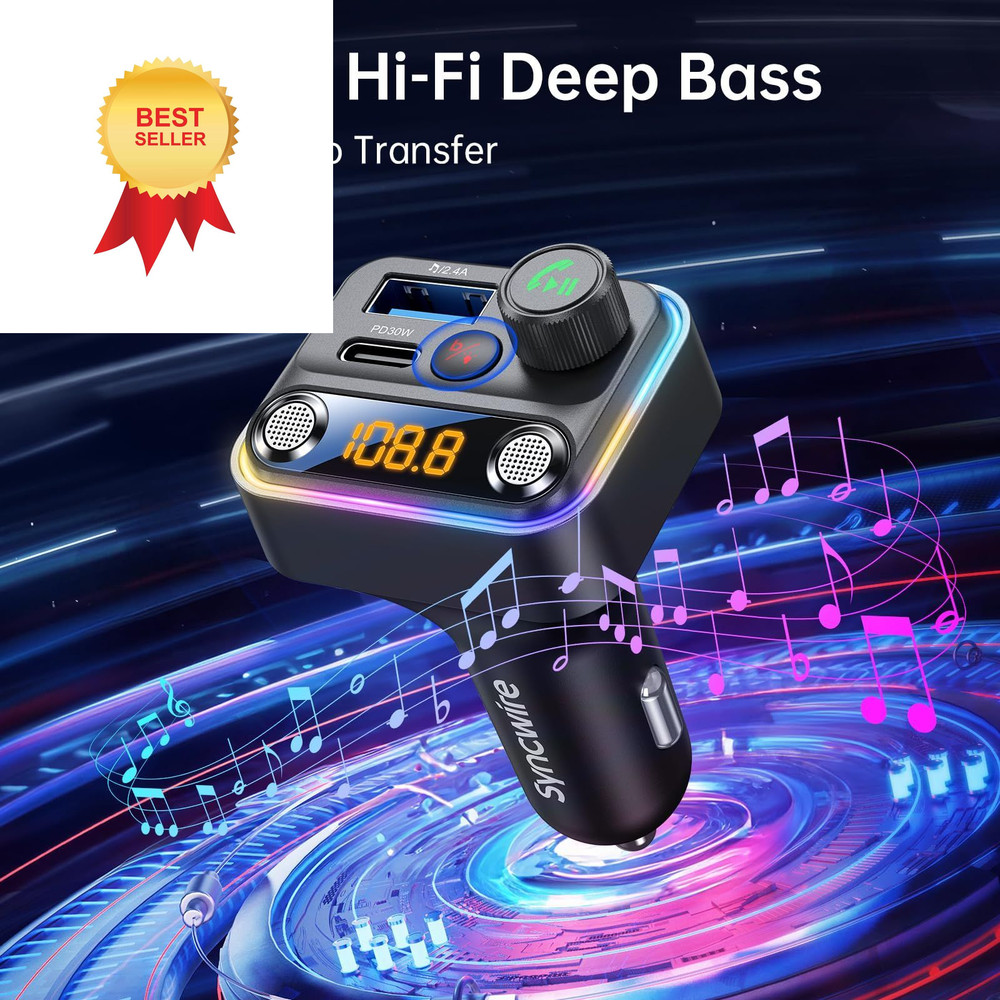 Syncwire Bluetooth 5.4 FM Transmitter Car Adapter 42W [Light Small, Black