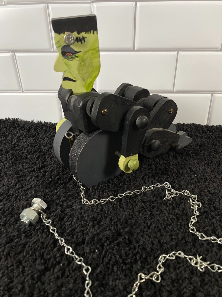 Frankenstein Wooden Pull Toy Halloween Decor Hand Painted OOAK Chain Bolt Pull