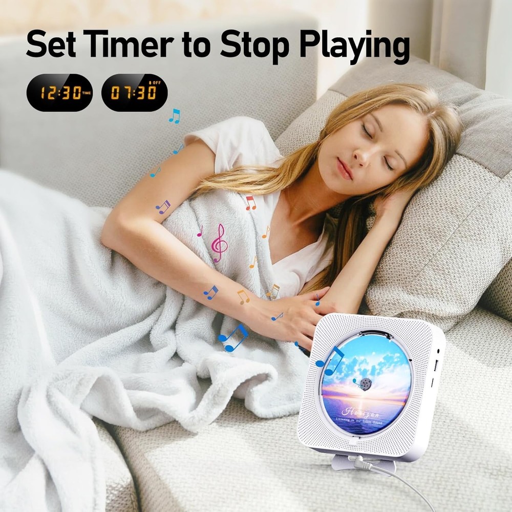 MICOCIOUS Bluetooth CD Player Portable Home Wall Mount FM USB Remote White
