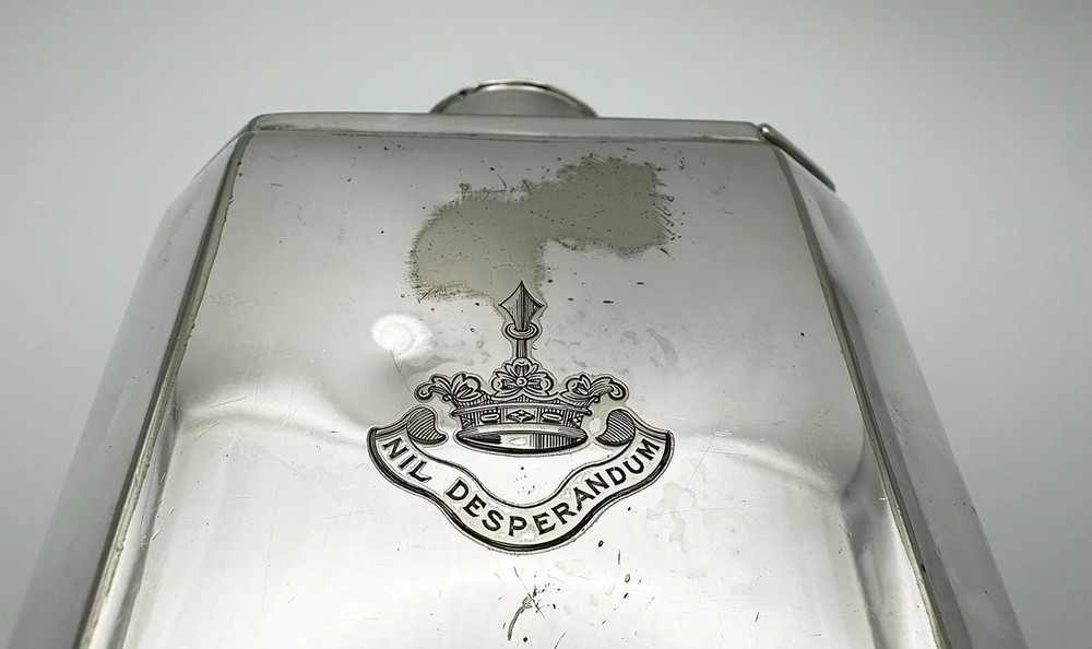 VICTORIAN CRESTED SLIDING TOP TEA CADDY SILVER PLATE 19TH CENTURY