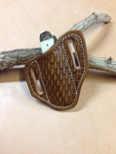 Custom Tooled Basket Weave Trapper Knife sheaths Pancake Style