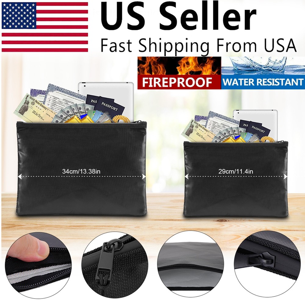 2 PACK 2000℉ Fire Proof money Bag Fireproof Document Pouch Waterproof Safe Cash