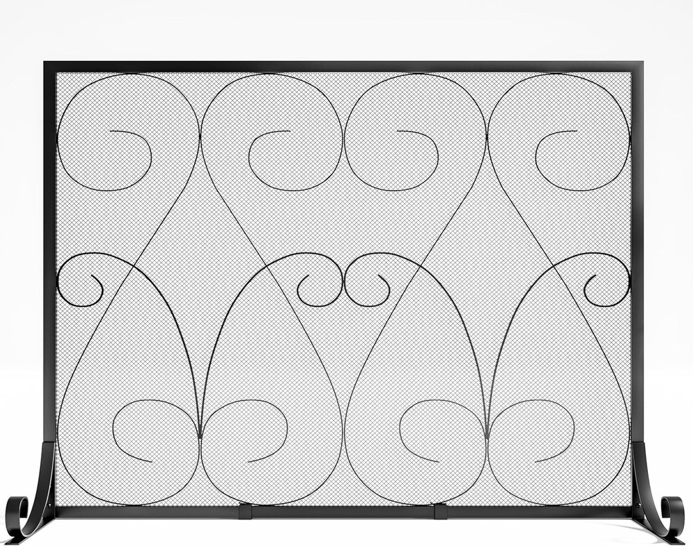 Single Panel Handcrafted Wrought Iron Symmetric Scroll Flat Fireplace Screen wit