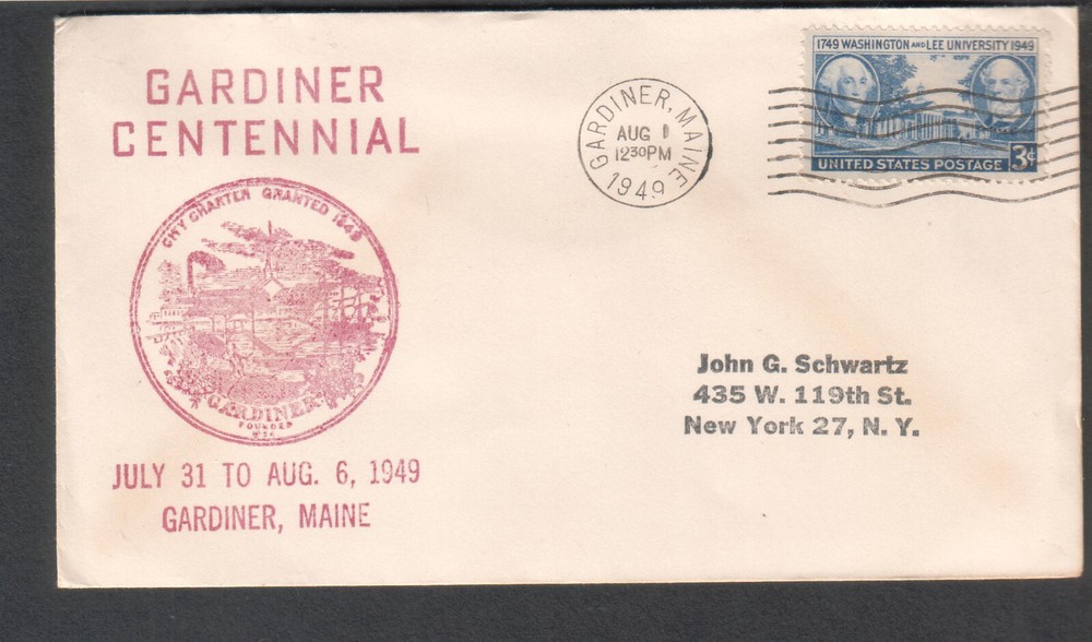 1949 cachet cover Gardiner Maine centennial
