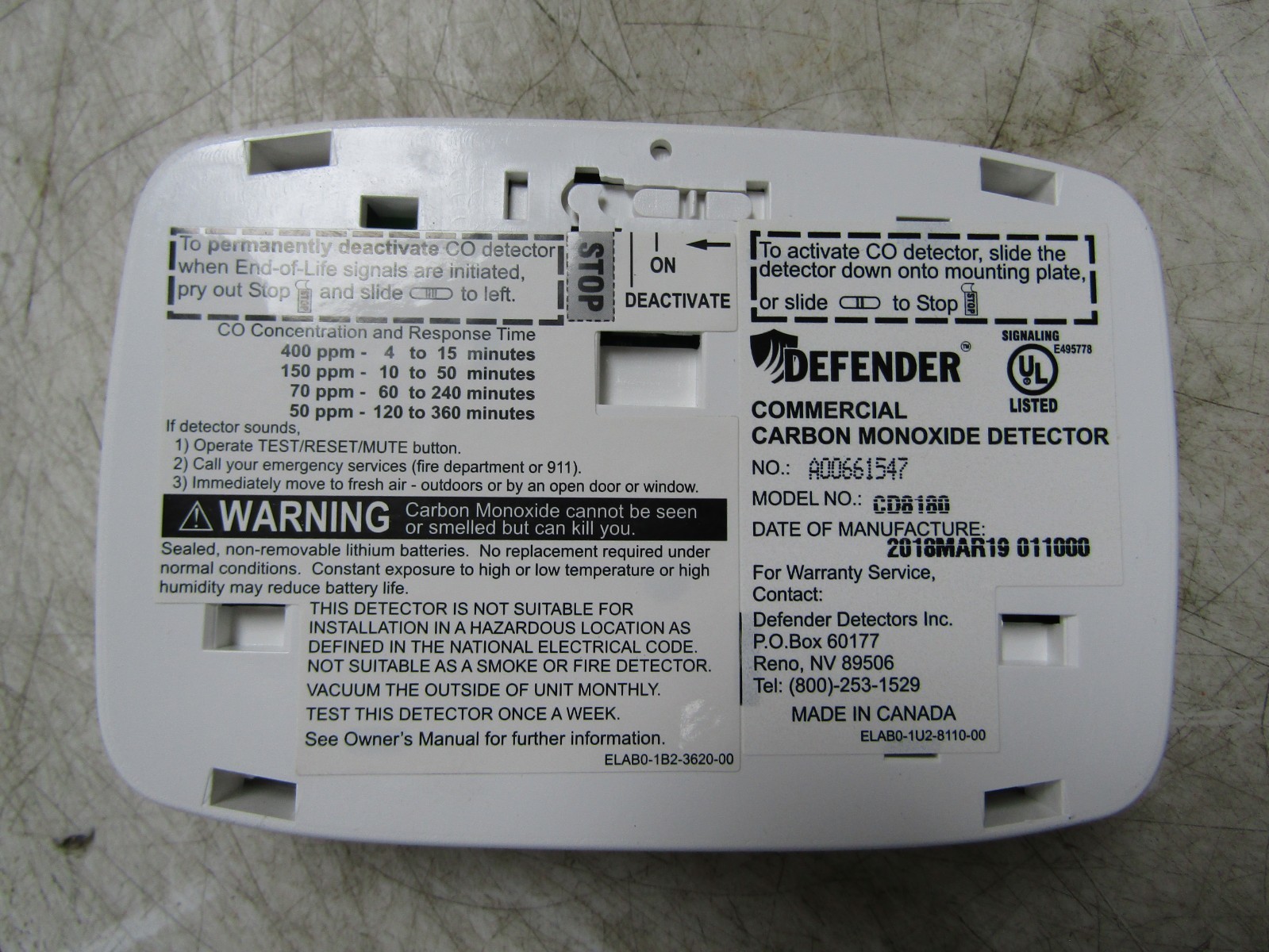 💥NEW DEFENDER CD8180 BATTERY POWERED COMMERCIAL CARBON MONOXIDE DETECTOR