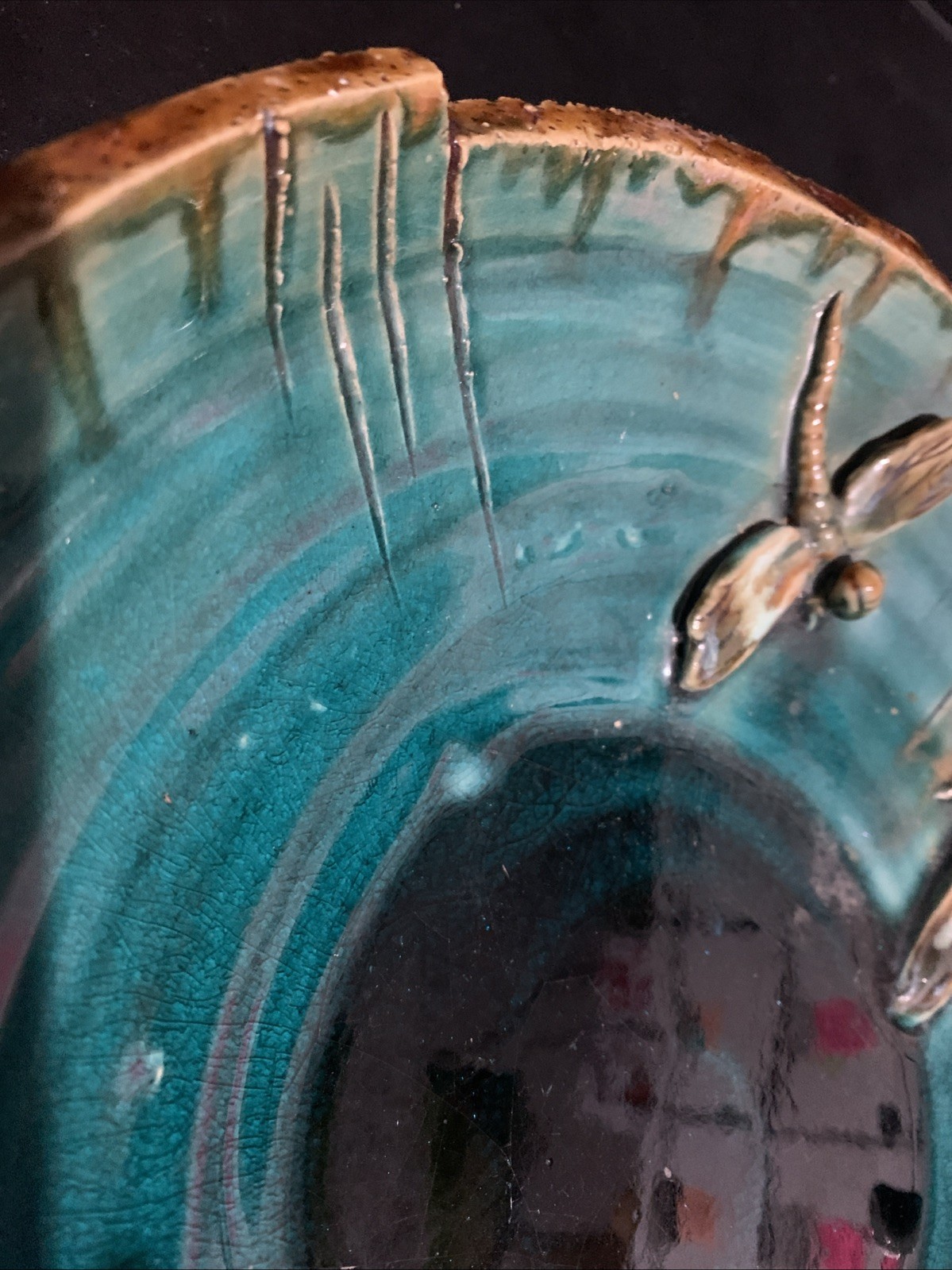 Vintage Mission Style Pottery Dragonfly Collectable Art Pottery Green Bowl 11"