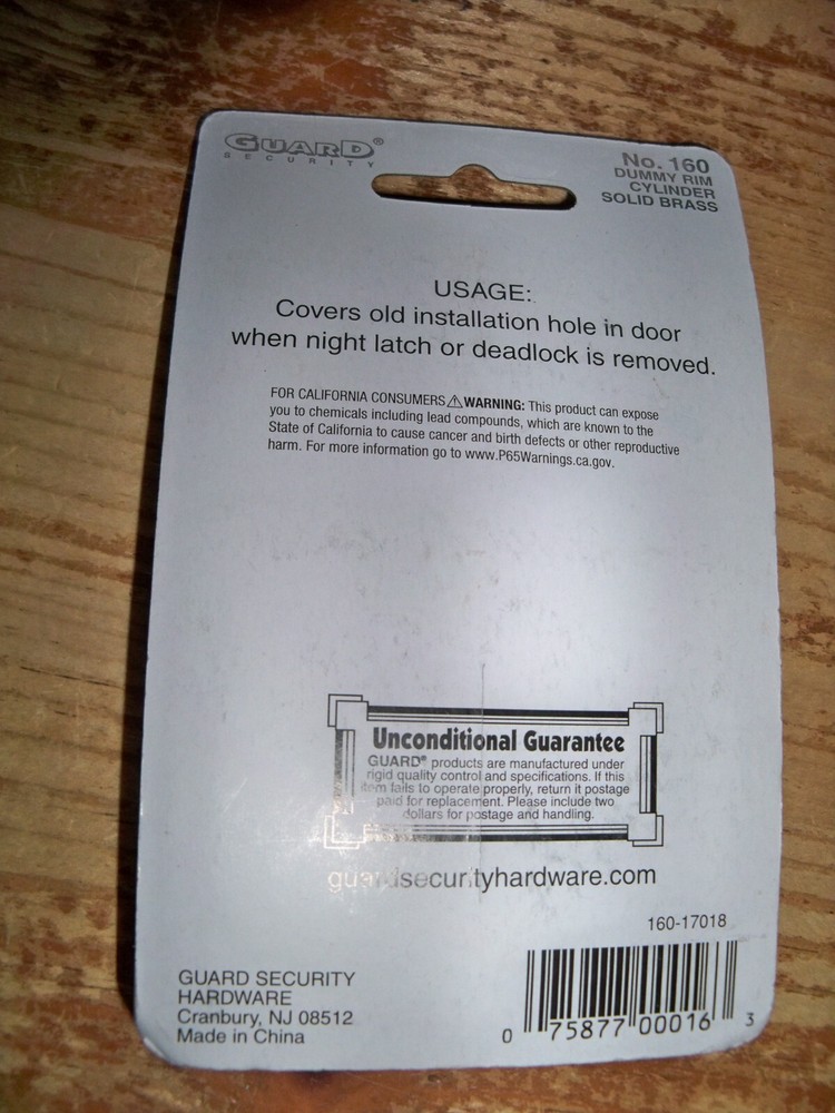 GUARD Door Security -- No. 160 -- Dummy Rim Cylinder -- Solid Brass