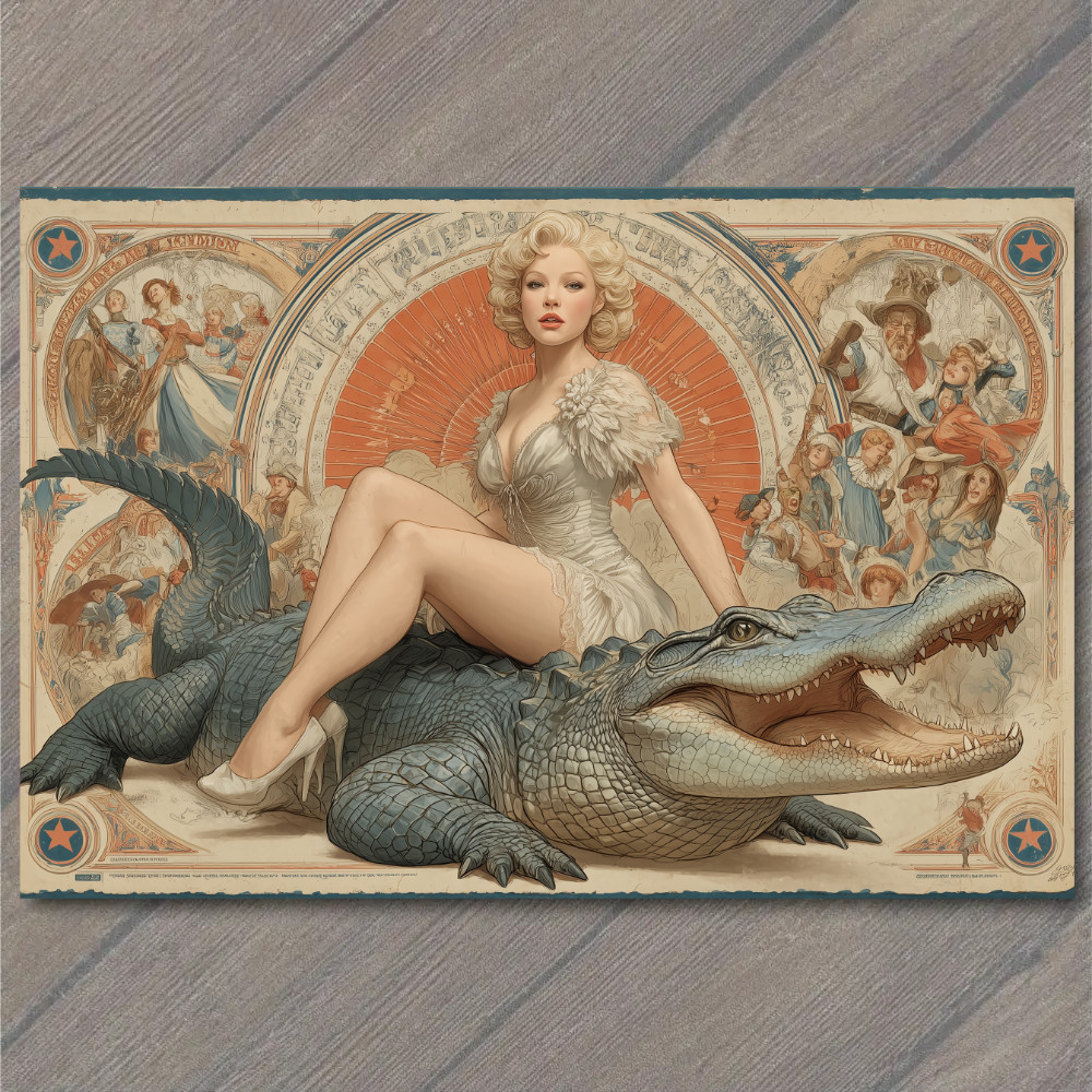 POSTCARD Woman Alligator White Dress Retro Circus Surreal Funny Carnival Style