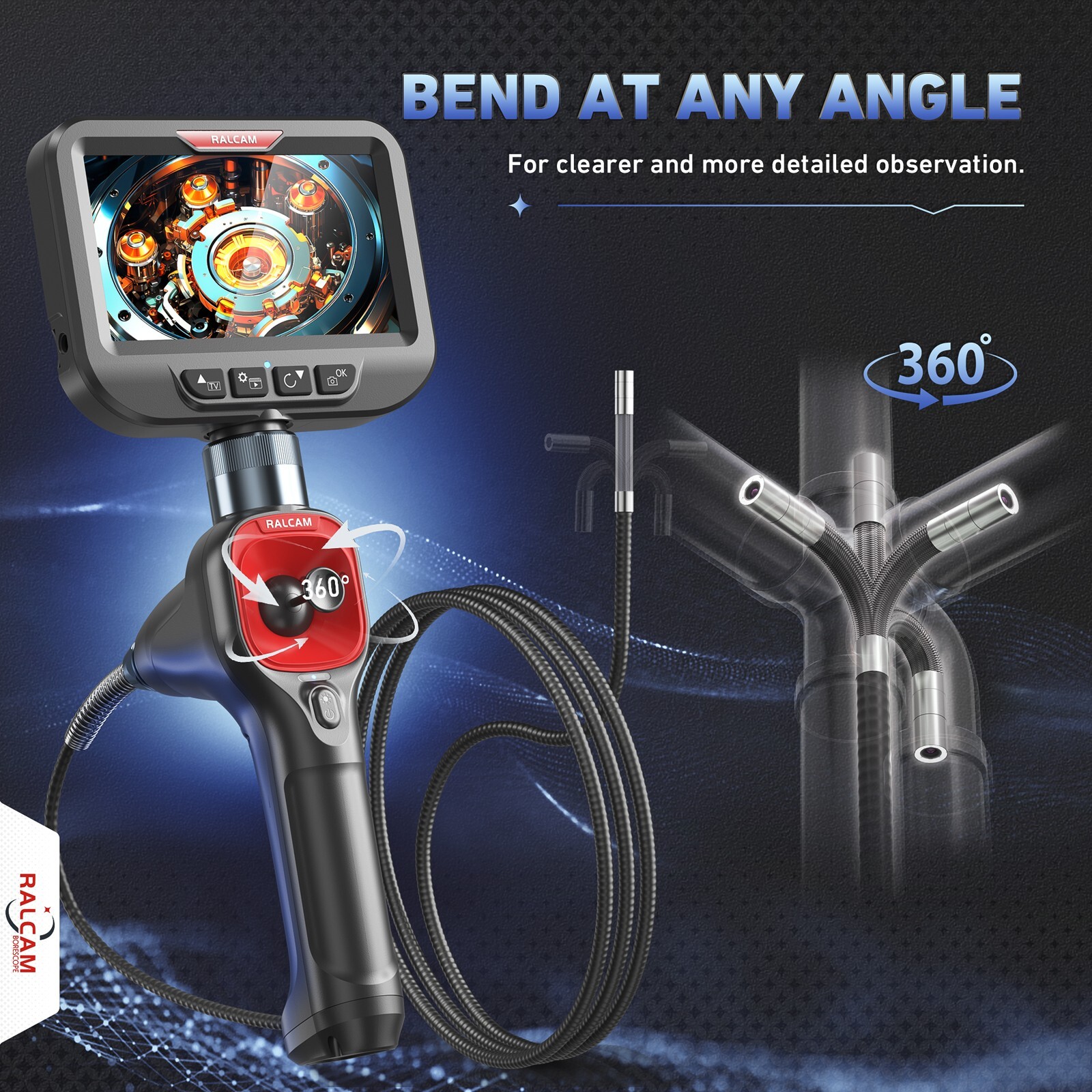 Ralcam 4-Way 360° Articulating Borescope Industrial Endoscope Inspection Camera