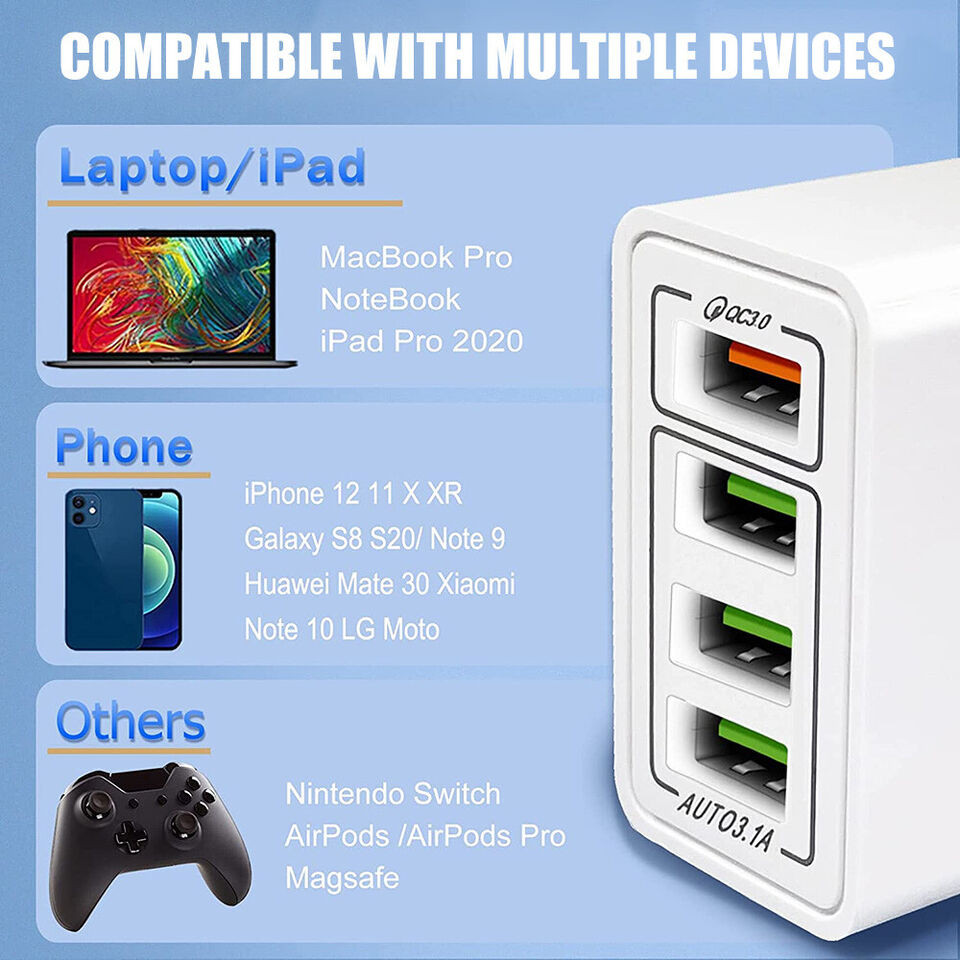 QC 3.0 4-Port USB Wall Charger Power Adapter, New, Free Shipping