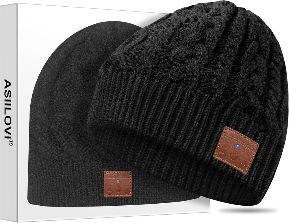ASIILOVI Bluetooth Beanie, Double-Layer Wool Lining Bluetooth Hat Black