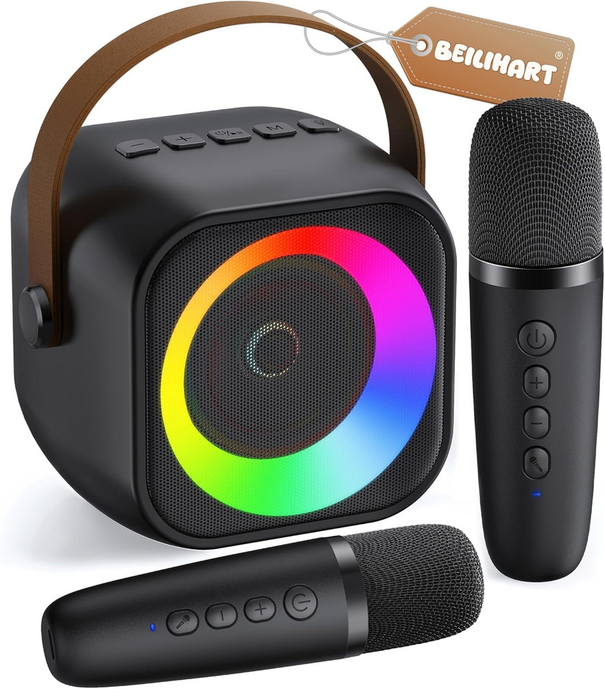 Mini Karaoke Machine, Portable Bluetooth Karaoke Speaker with 2 Wireless Microph