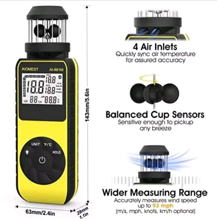 Handheld Wind Cup Anemometer with Direction, Digital Wind Speed Meter Gauge