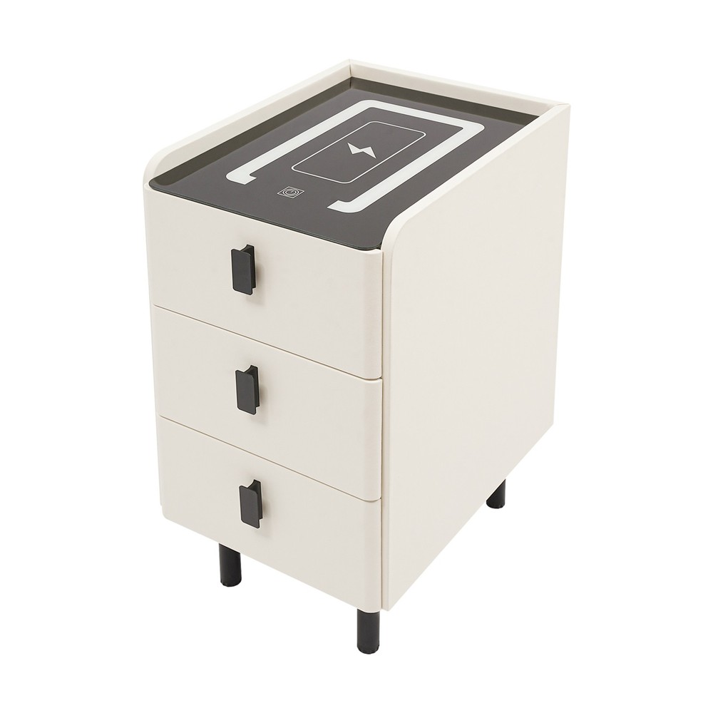 3 Drawers Smart Bedside Table Nightstand With LED Light+Wireless Charging+USB