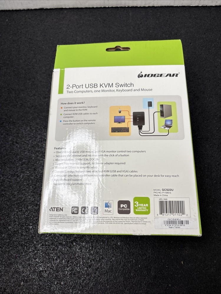 IOGEAR 2-Port USB KVM Switch VGA Cable with Cables and Remote Model GCS22U