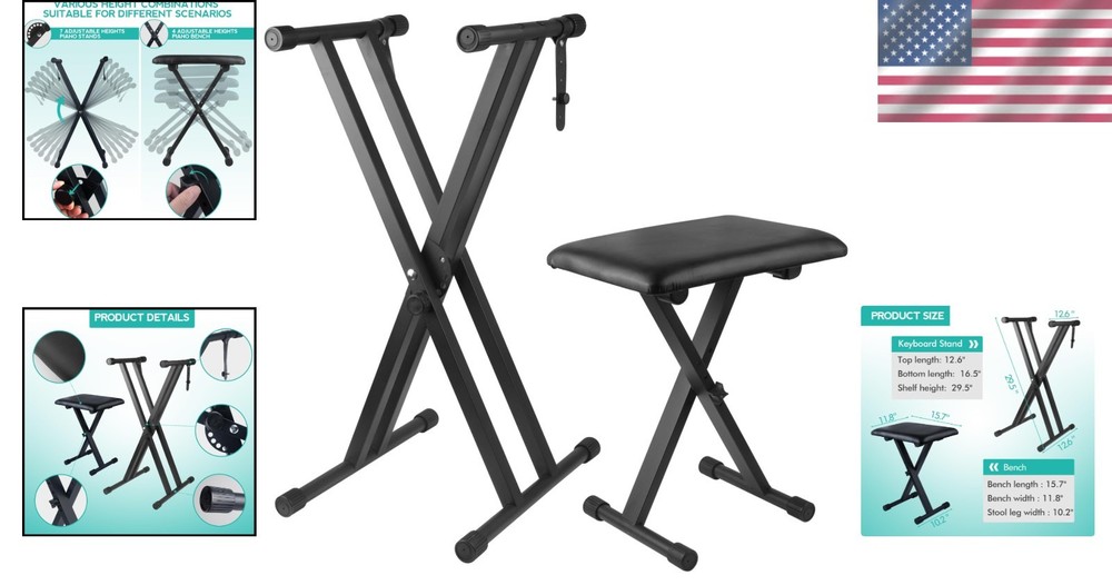 Double X Adjustable Keyboard Stand & Bench Set, Black