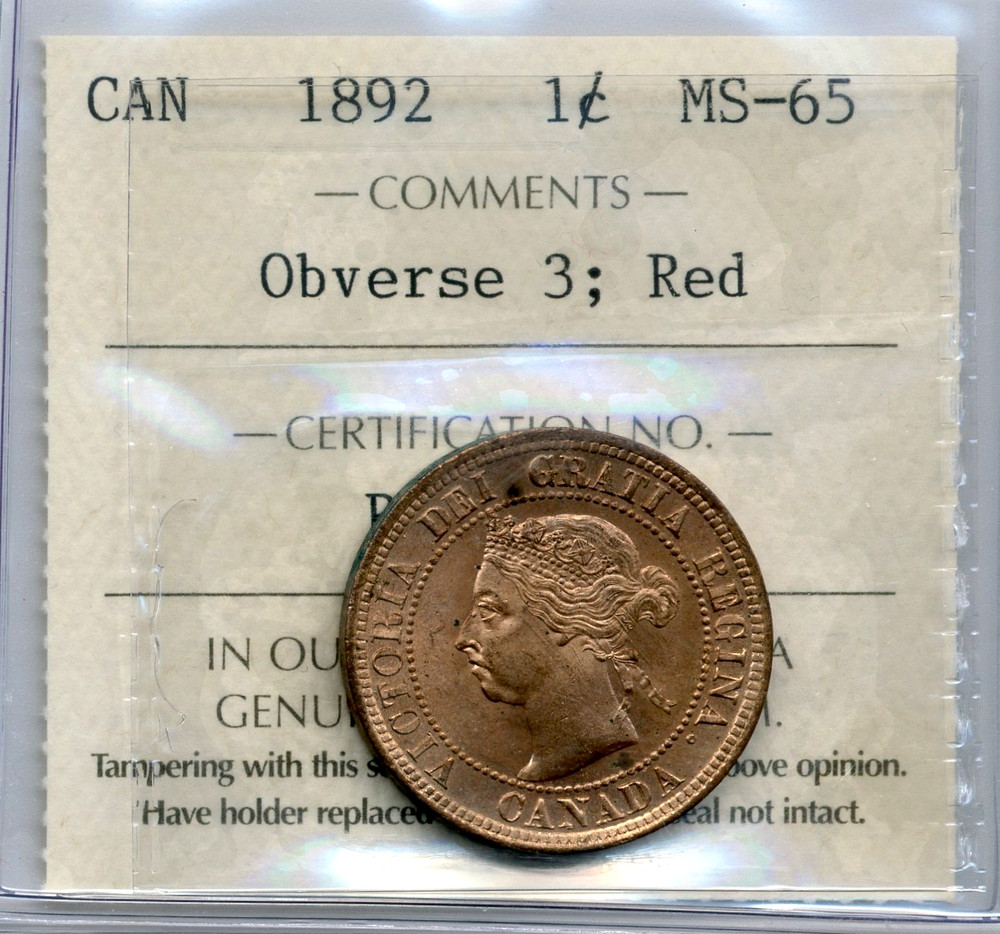 1892 Canada Large Cent, Obverse 3 - GEM Uncirculated, ICCS MS65 RD