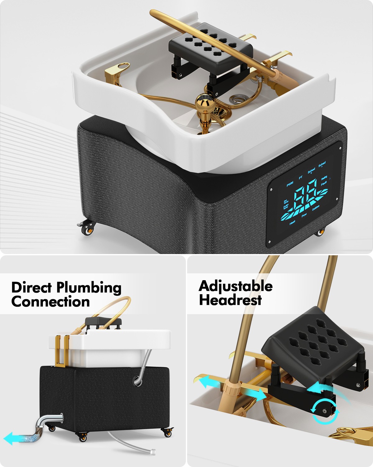 Backwash Head Spa Shampoo Bowl Massage Bed Salon w/Water Cycle,LED Light Therapy