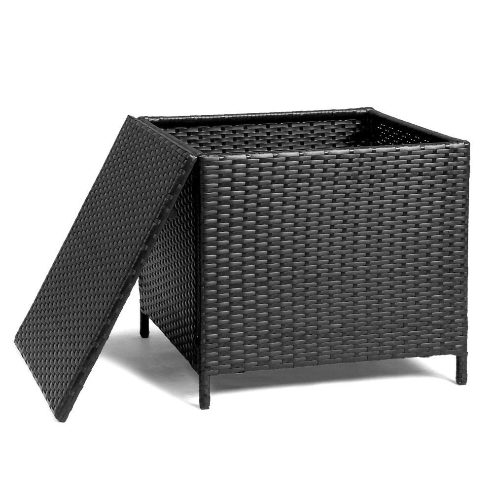 PE Wicker Side Table with Storage, Patio Rattan End Table Square Container