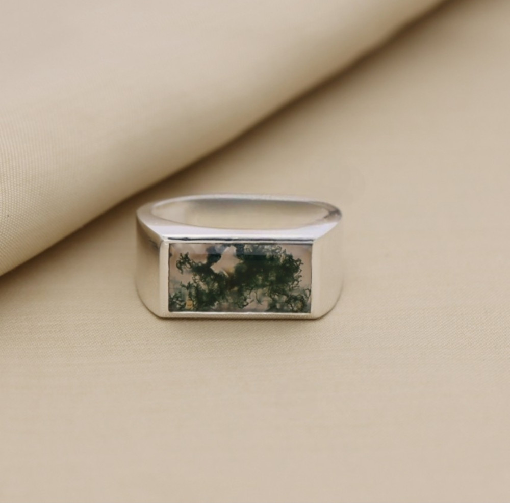 Sterling Silver Moss Agate Rectangular Signet Ring – Unique Natural Gemstone Des