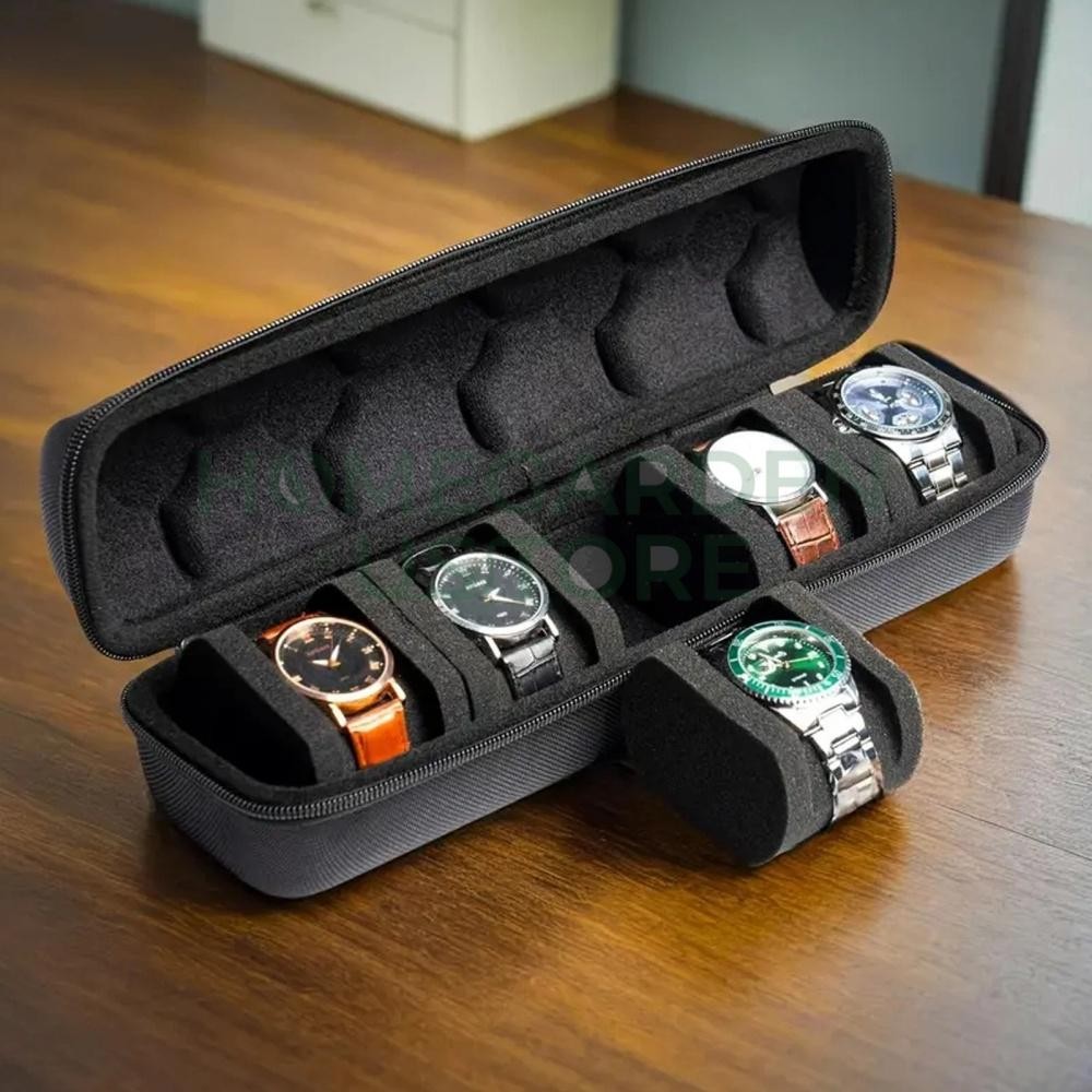 5-Compartment Portable Watch box - With Handle, Flip-Top Lid, and Soft Lining