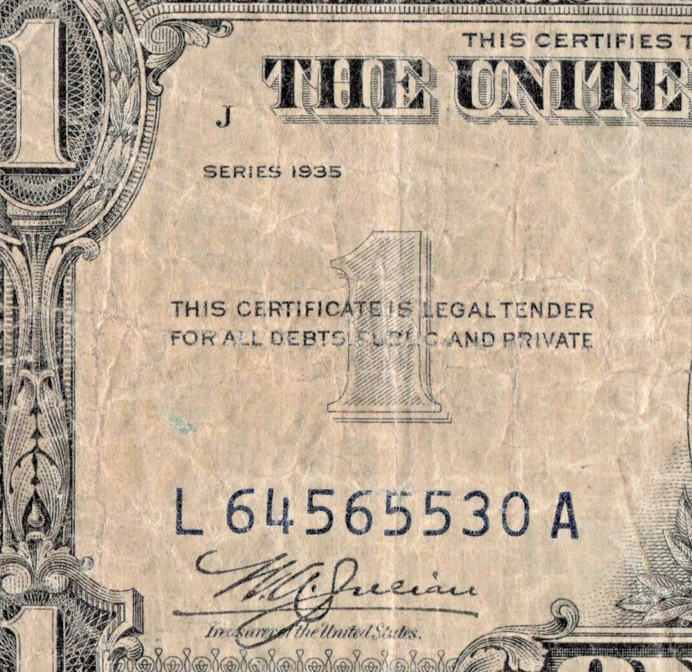 1935 $1 One Dollar Silver Certificate Double Date Gutter Fold Error, Circulated