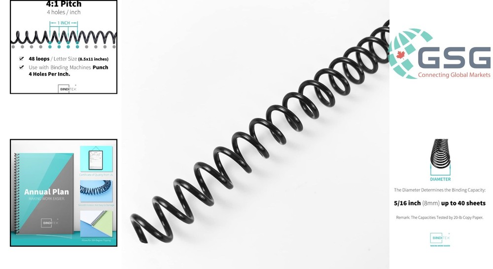 50-Pack Plastic Spiral Binding Coils 8mm Black for Letter Size Documents - 40...