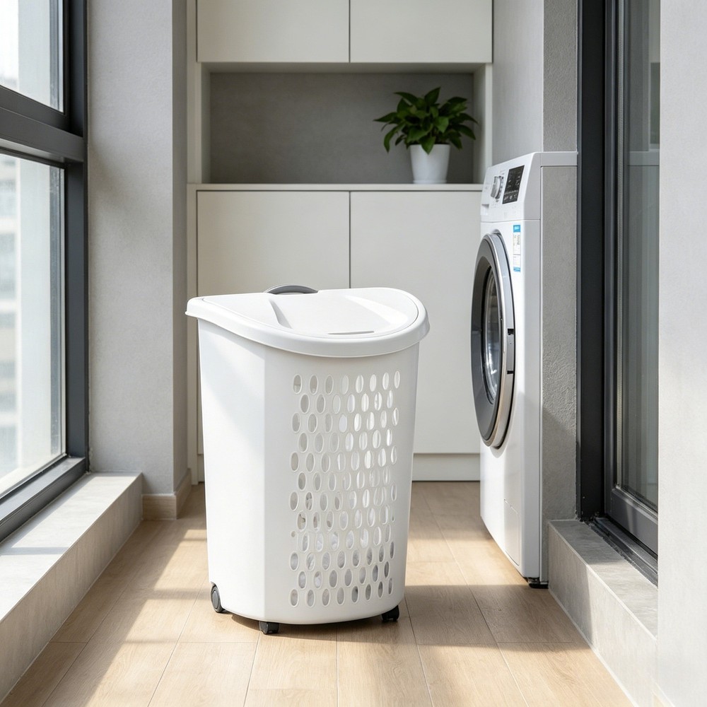 Sterilite Ultra™ Wheeled Hamper Plastic Laundry Hamper with Handle Wheels White