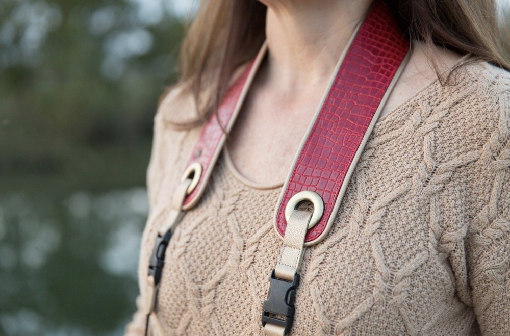 The “Red Alligator” Camera Strap: Comfort Padding, Leather Ends, Suede Backing