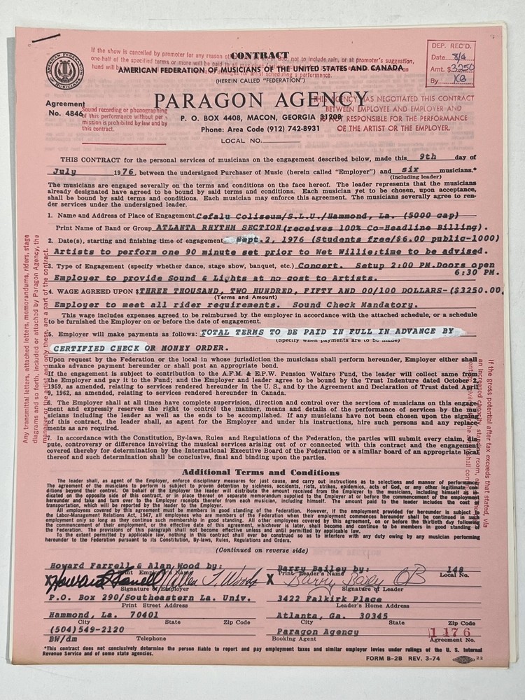 The Atlanta Rhythm Section Concert Contract 1976 Hammond LA