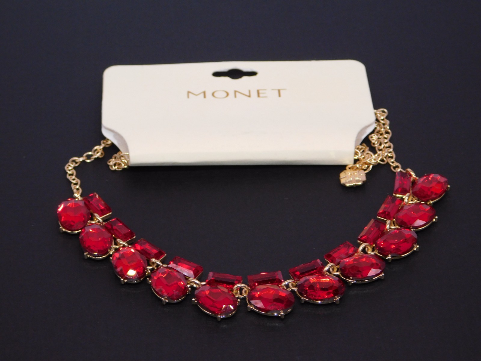 MONET Red Faceted Glass Rhinestone Statement Necklace New with Tag