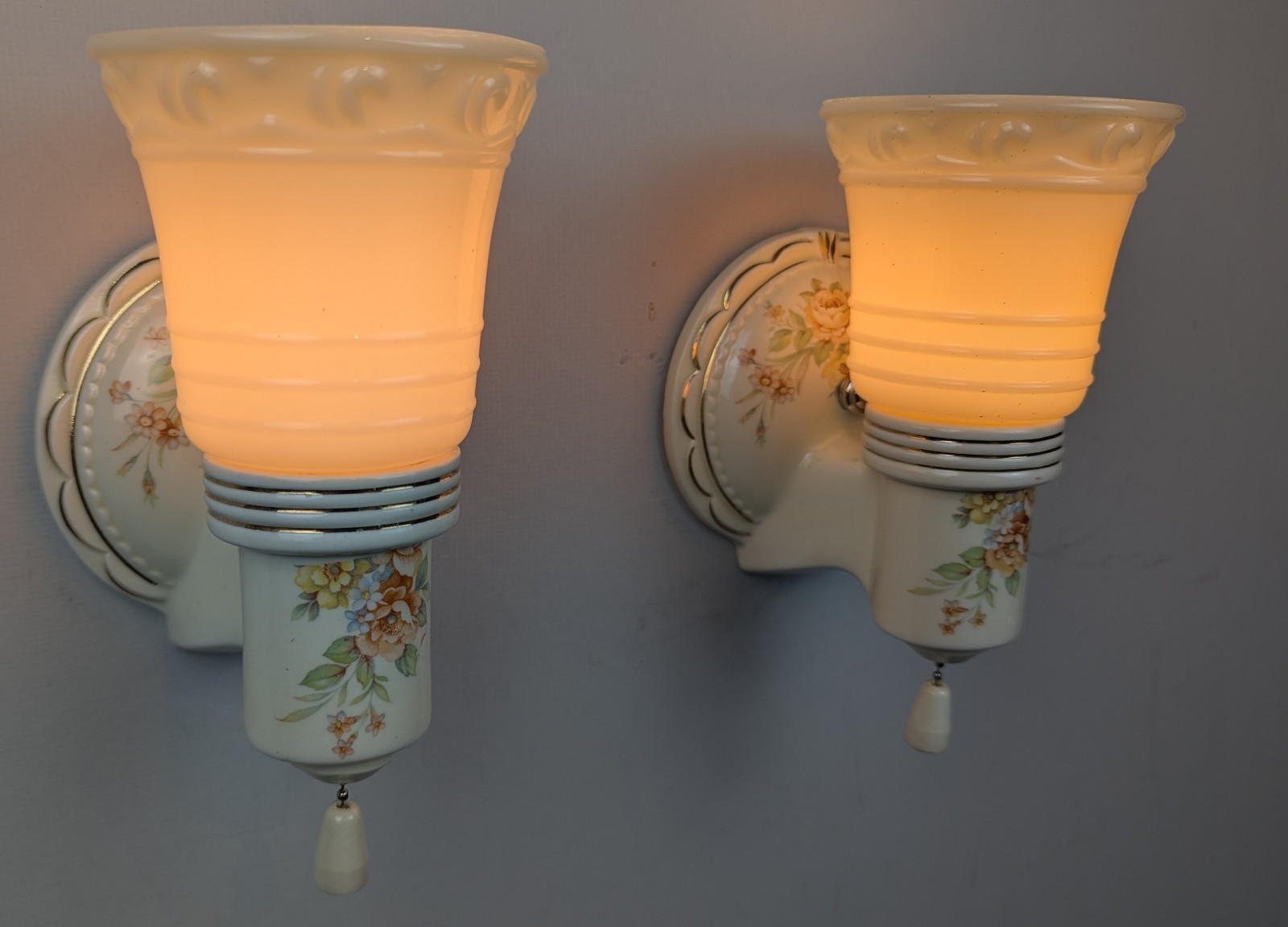 Restored Pair Porcelier Art Deco-MCM Porcelain Sconces, Glass Shades, Excellent!