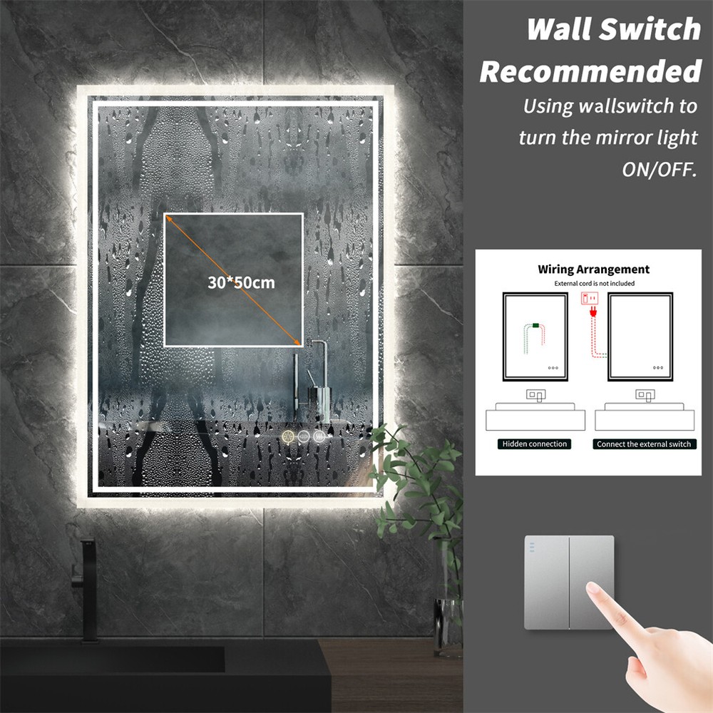 Rectangle Slim LED Bathroom Mirror Hanging Makeup Mirror Demister Sensor Switch