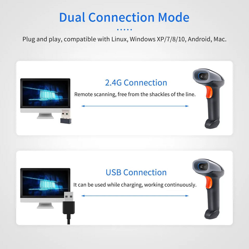 2.4G Wireless & USB Barcode Scanner 1D/2D/QR Code Scanner CMOS Handheld Cordless