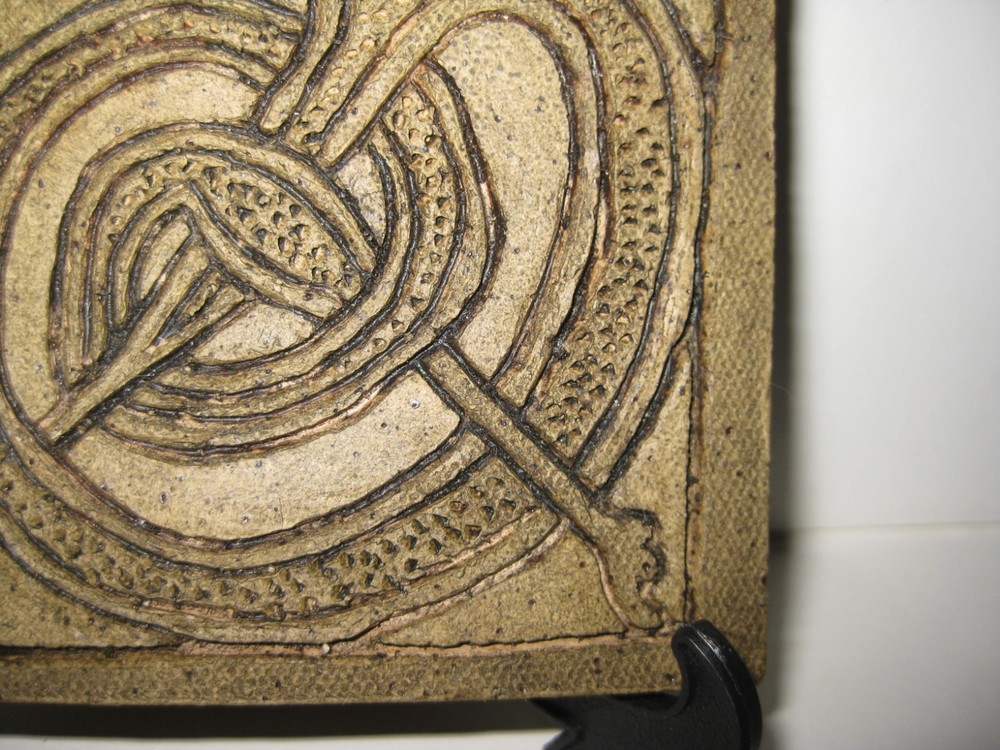 Rare mythical creature primitive earthenware tile incised sgraffito dragon 3 3/4