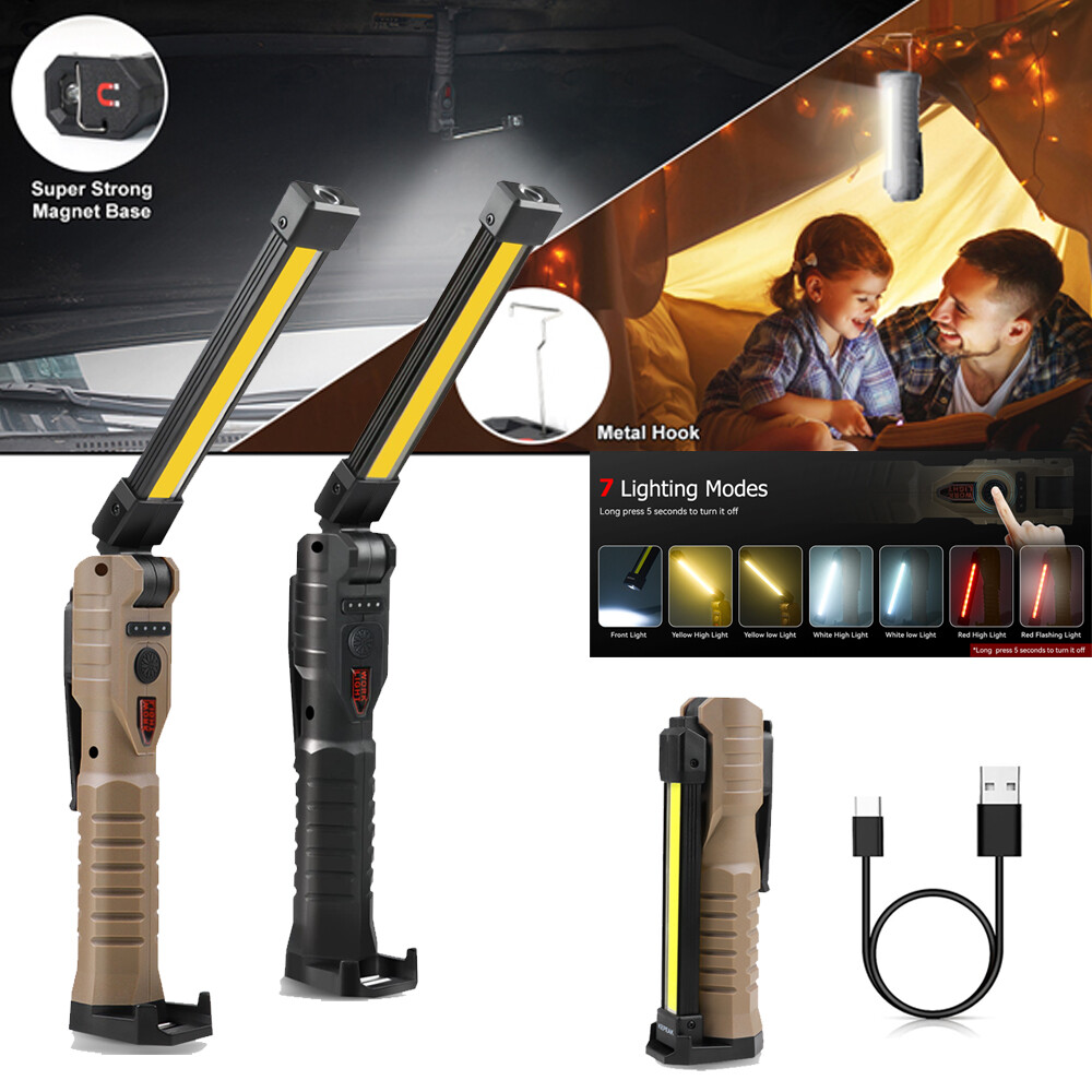 2PCS Magnetic Rechargeable COB LED RED Work Light Lamp Flashlight Folding Torch
