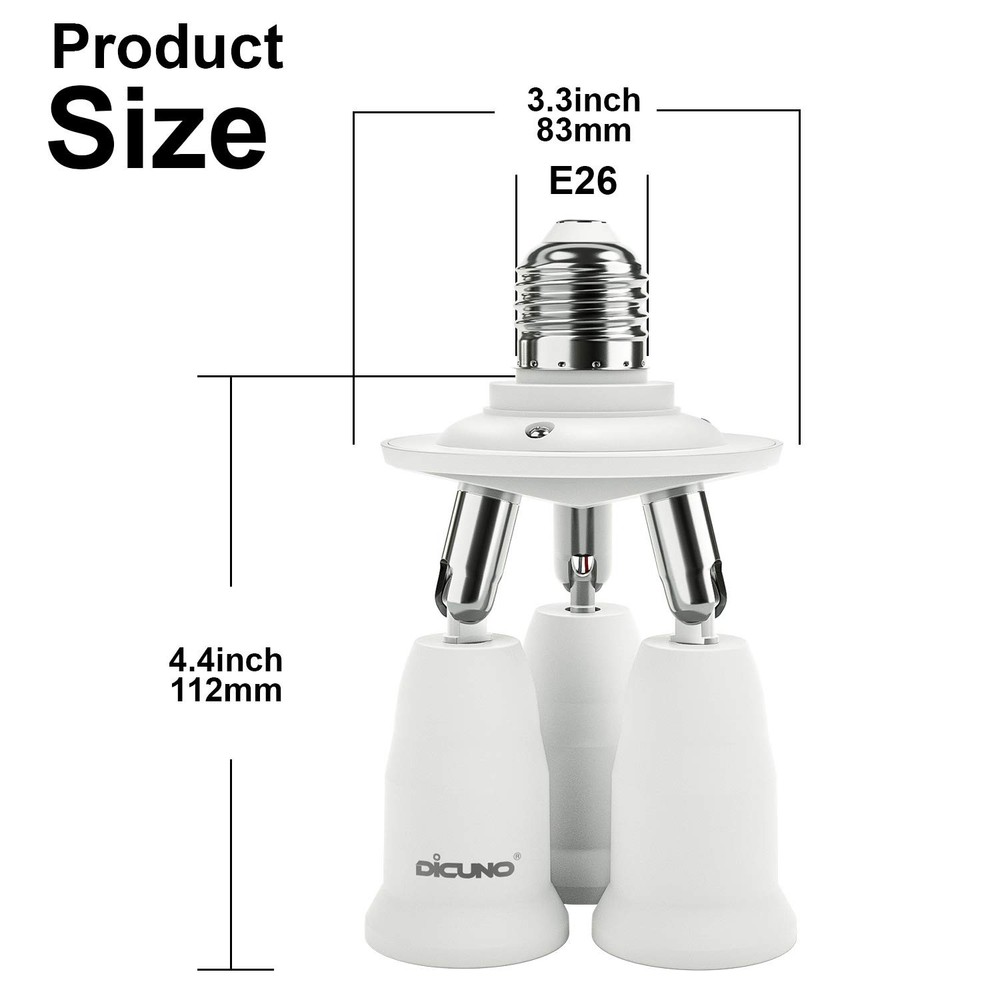 DiCUNO 3 in 1 E26 Light Socket Splitter Adapter, 3 1 Socket, White