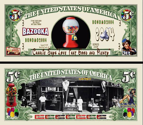 Nickel Candy Store Five Cent Bill Play Funny Money Novelty Note + FREE SLEEVE