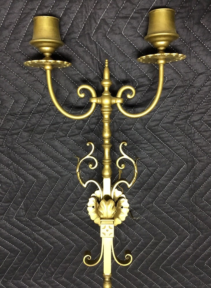 Antique Renaissance Ornate Gilded Solid Brass Wall 2 Light Sconces