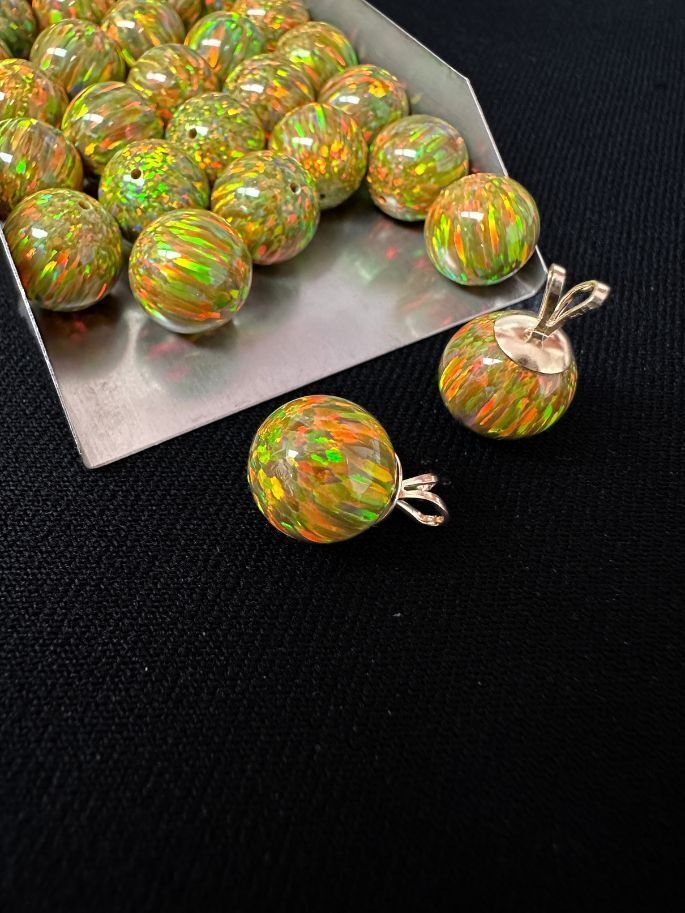 Half Drilled Fire Brown Synthetic Lab Created Opal Round Beads
