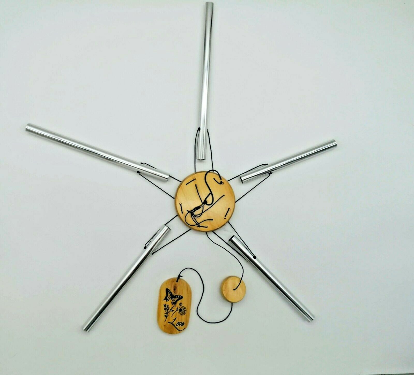 Wind Chimes Natural Wood & Metal Love Wind Chime 5 Tubes Wooden 26" Windchimes