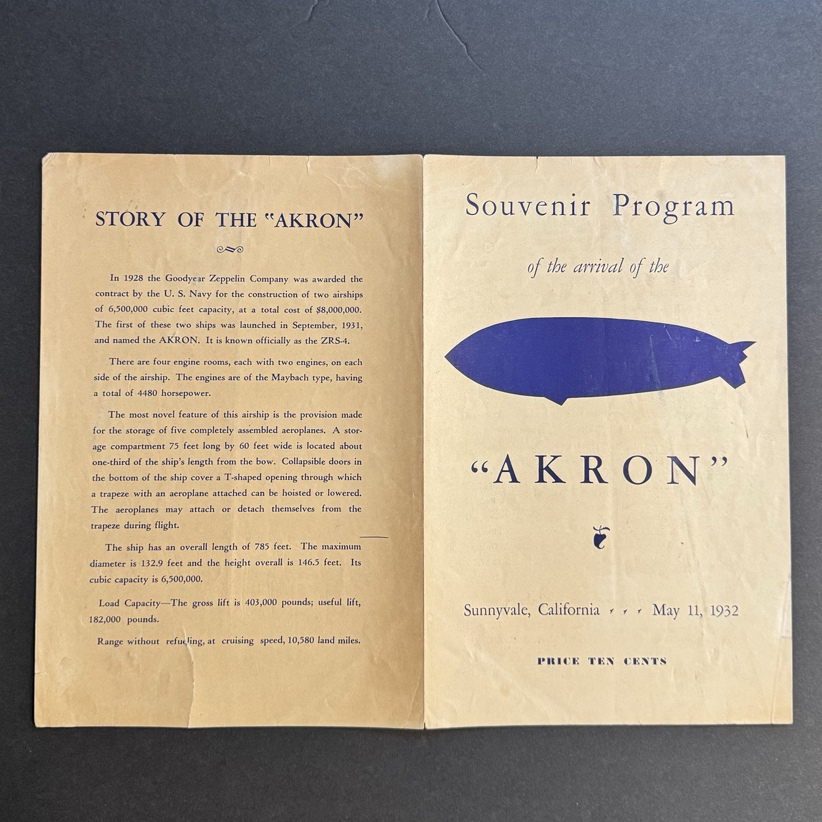 Rare 1932 USS Akron ZRS-4 Airship Souvenir Program - Sunnyvale CA Arrival May 11