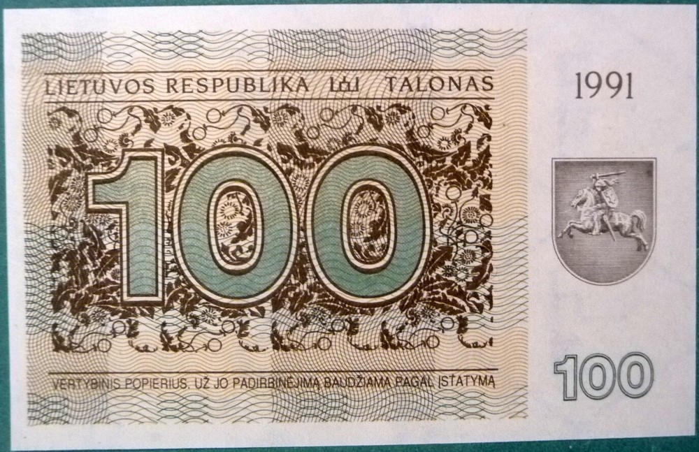 LITHUANIA 100 TALONAS UNC  NOTE FROM 1991, P 38, BISON