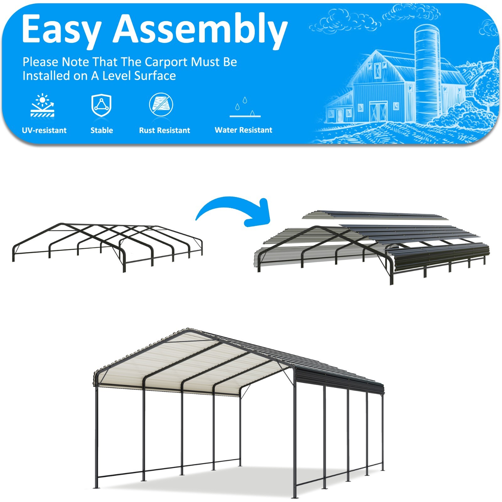 12x20 FT Metal Carport Heavy Duty Galvanized Shelter