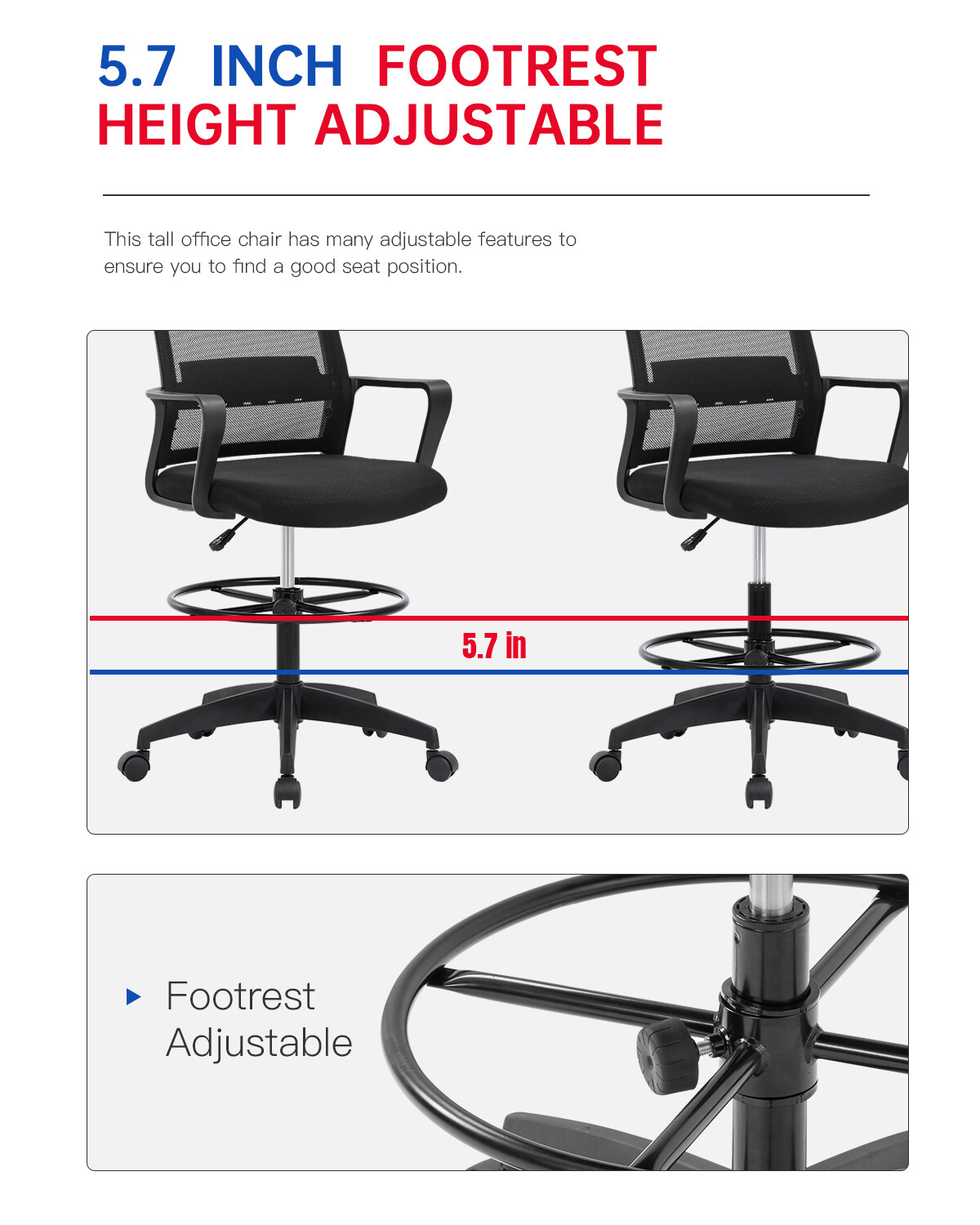 Drafting Chair Tall Office Chair Adjustable Height with Lumbar Support Arms Foot