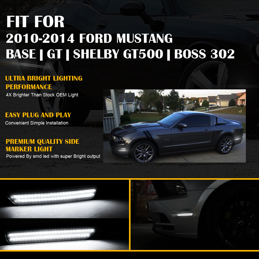 For 2010-2014 Ford Mustang Smoked Lens Front & Rear LED Side Marker Lights 4PCS